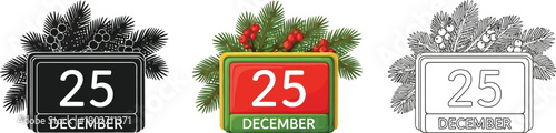 Christmas calendar with date december 25 black silhouette, color and outline drawing vector illustration