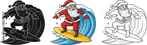 Santa claus surfing wave hand drawn illustration of christmas character for holiday season and summer vacation
