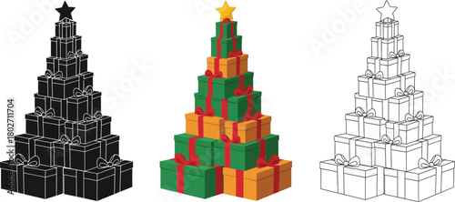 Christmas tree made of gift boxes hand drawn illustration of holiday present for new year celebration