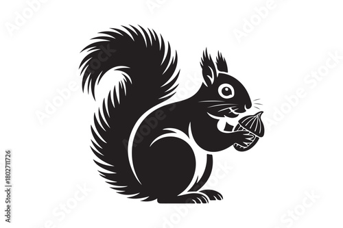 Stylized black silhouette of a squirrel holding an acorn