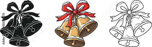 Jingle bells with bow, available in color, silhouette, and outline versions for christmas decoration