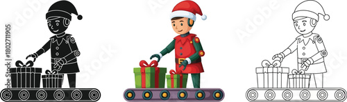 Three christmas elf icons in different styles glyph, colored and outline style for winter holiday designs