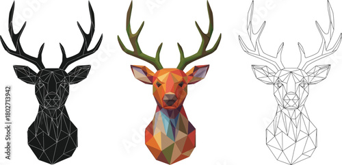 Three deer head illustrations in different styles, showcasing a geometric and artistic representation of wildlife