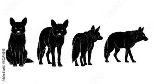 Silhouette collection of african wild dogs in various poses on white background