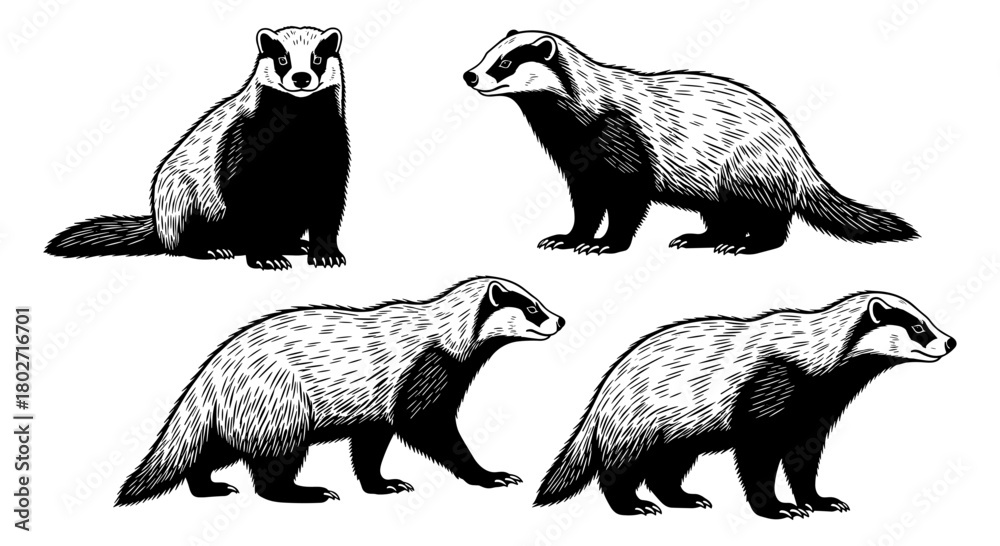 Naklejka premium Detailed animal silhouette set featuring badgers in various poses for wildlife art