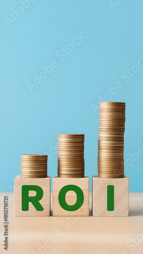 Wallpaper Mural ROI Wooden Blocks with Increasing Coin Stacks on Light Blue Background Torontodigital.ca