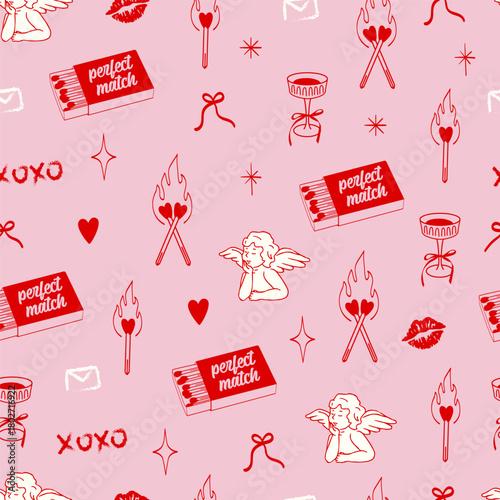 Match stick box valentines day. Cupid valentine seamless pattern. Perfect match.