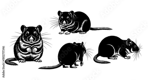 Detailed black and white rodent sketch collection with various poses