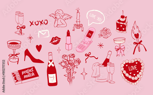 Valentines day doodle icon. Coquette cute girlish pink core. Valentine date dinner.