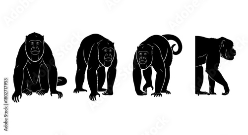 Silhouette chimpanzee set: poses and movements in black design