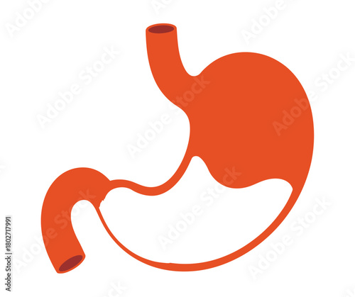 A simplified, stylized illustration of the human stomach organ, depicted in a vibrant orange hue against a stark white background.