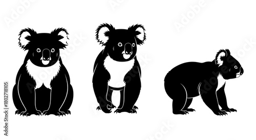 Silhouette koalas: trio of black and white unique minimalist designs