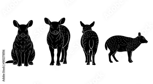 Silhouette set of tapir in different poses on white background