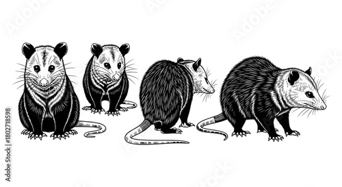 Detailed black and white possum design set in various poses