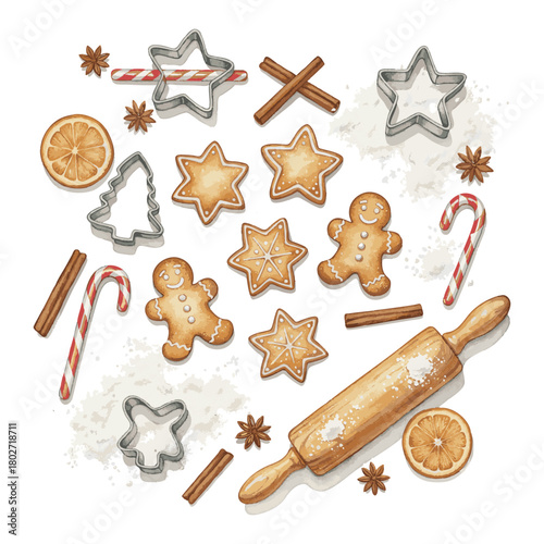Watercolor Christmas Baking Set - Gingerbread Cookies, Cutters, Spices & Candy Canes