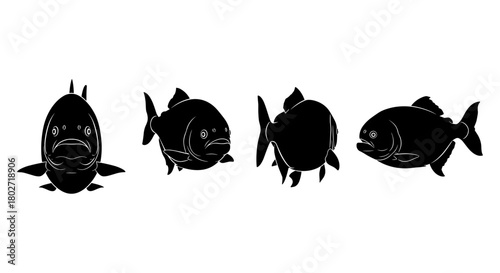 Black silhouette fish set with different angles on white background