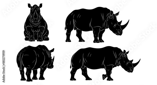 Black silhouette rhinos in various poses on white background