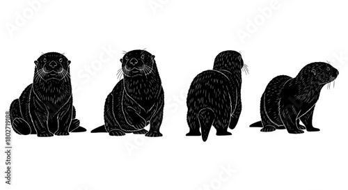 Otter silhouette set: various poses on white background