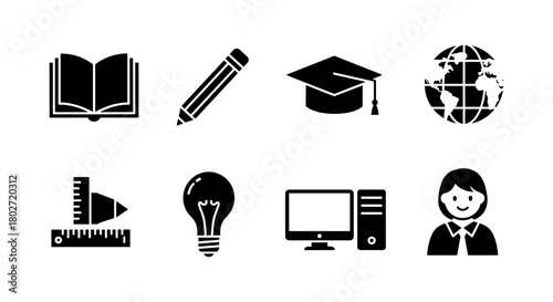 Education and learning icons set: book, pencil, graduation cap, and more