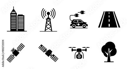 Urban technology icons: cityscape, wireless, electric car, drone, satellite, road, nature