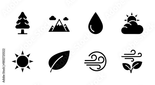 Nature elements icons set: minimalist black silhouette of sun, clouds, mountains, and more