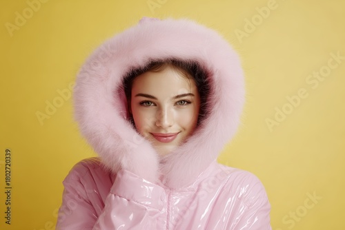 Cheerful girl in glossy pink coat with fluffy oversized hood, playful winter portrait on yellow background