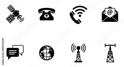 Communication icons set: satellite, phone, email, and more