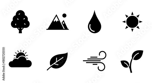 Nature icon set: trees, mountains, water, sun, clouds, leaves, wind elements