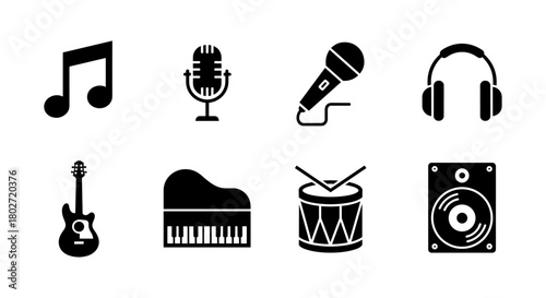 Music icon set: instruments and equipment in bold silhouette style