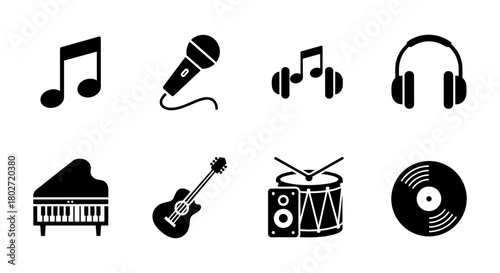 Silhouette music icons set featuring instruments and audio equipment