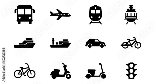 Transport icons: flat black silhouettes of vehicles and traffic elements