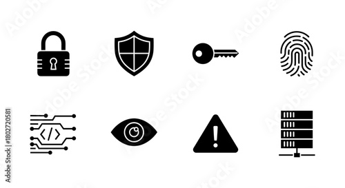 Cyber security icons set including lock, shield, key, and fingerprint in silhouette style