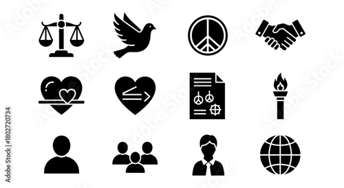 Peace and unity symbols collection: icons of harmony, justice, and cooperation