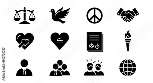 Silhouette icons of peace and unity: scales, dove, globe, and more