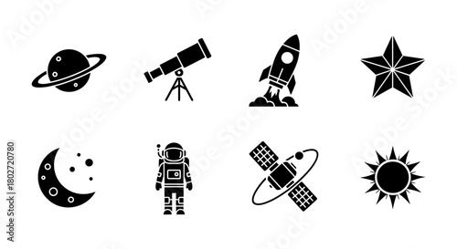 Silhouette space icons: astronaut, rocket, telescope, and more