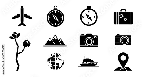 Travel and adventure icons: plane, compass, camera, globe, and more