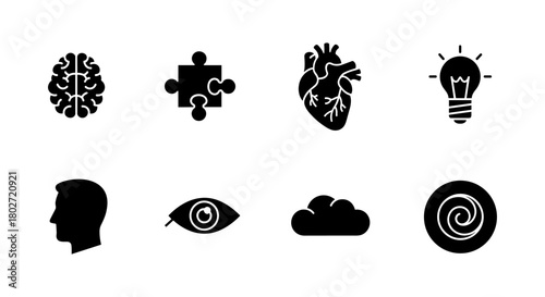 Silhouette icons: brain, puzzle, heart, light bulb, silhouette, eye, cloud, spiral