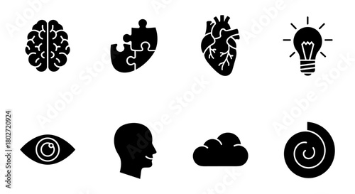 Stylish black silhouette icons set: brain, puzzle, heart, lightbulb, eye, head, cloud, spiral