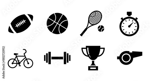 Sports icon set featuring silhouette symbols of football, basketball, tennis, stopwatch, bicycle, dumbbell, trophy, and whistle