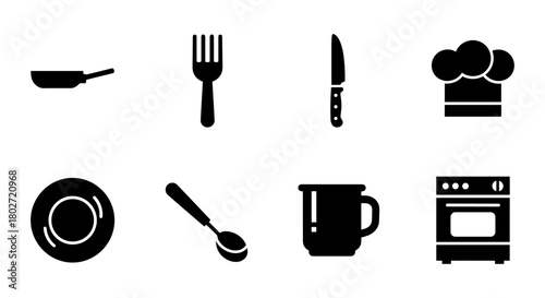 Cooking essentials icons: elegant silhouettes of kitchen tools and appliances