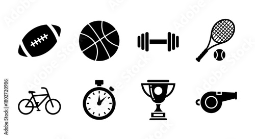 Sports equipment icons: football, basketball, dumbbell, tennis, and more