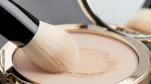 Makeup brush and powder compact for flawless application on skin. Close-up of soft brush swirling in powder compact emphasizes beauty routine essentials.