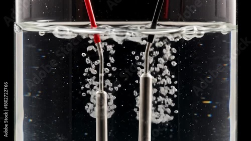 Electrolysis process in laboratory glass with red and black electrodes submerged in clear water, creating bubbles and demonstrating chemical reactions.