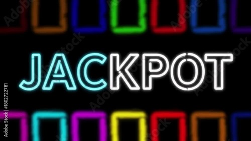 Vibrant jackpot neon sign with colorful glowing frames in a dark background. Eye-catching jackpot design highlights casino excitement and winning moments.