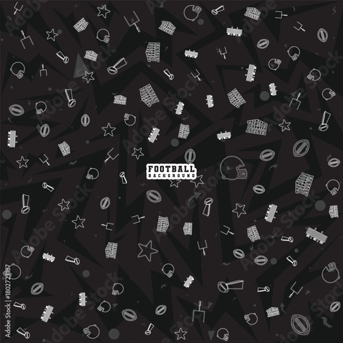 Hand Drawn Football Icons Seamless Pattern Background with Black Dark Palette and White Sketch Elements Including Helmet Ball Whistle Goalpost and Stars for Sport Poster and Athletic Graphic Design