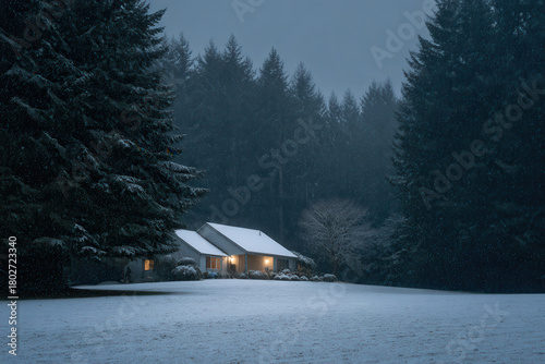 american house adorned with ultrabright christmas lights on roof stands proudly amidst snowy forest landscape