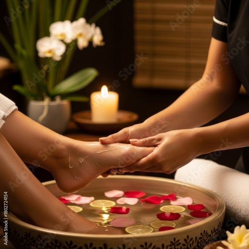 Spa therapist gently massaging woman's foot in relaxing pedicure