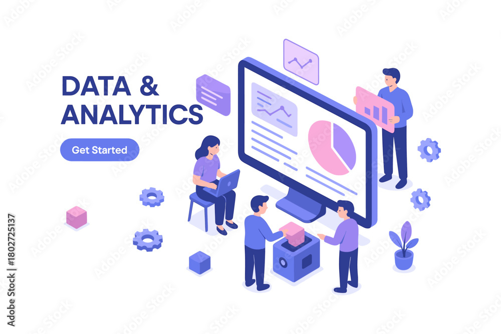 Obraz premium Isometric data analytics team with computer and charts in modern office setting