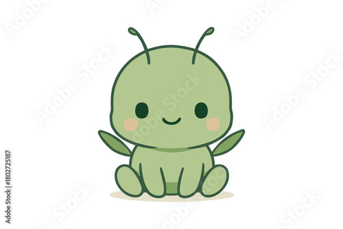 Cute green cartoon caterpillar with antennae and cheeks on white background