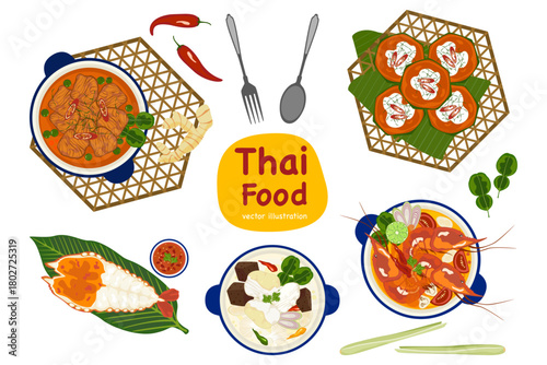 Top-view Thai curry and seafood vector set featuring rich soups, grilled prawns, spicy dishes, fresh herbs, and vibrant ingredients. Perfect for menu art, packaging, posters, food content, and Asian